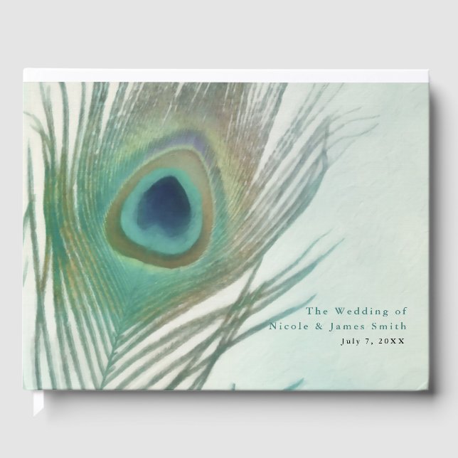 Libro De Visitas Boda Acuarela Chic Boho Pluma de Pavo Real (Anverso)