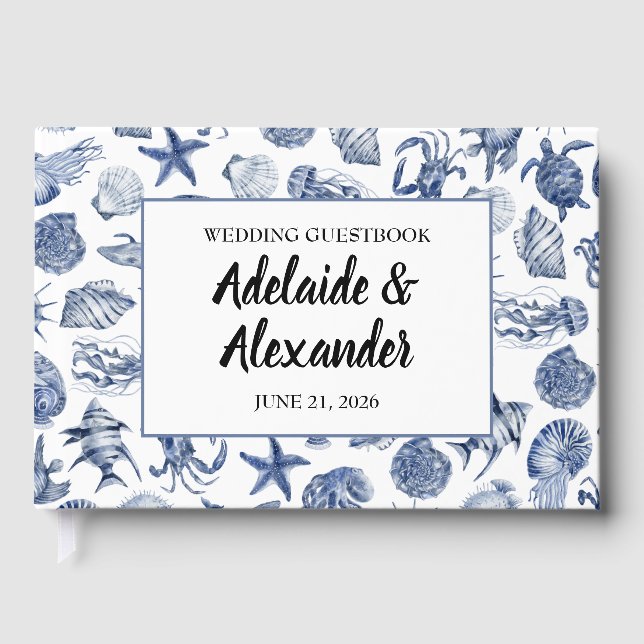 Libro De Visitas Boda acuarela costera moderna azul (Anverso)