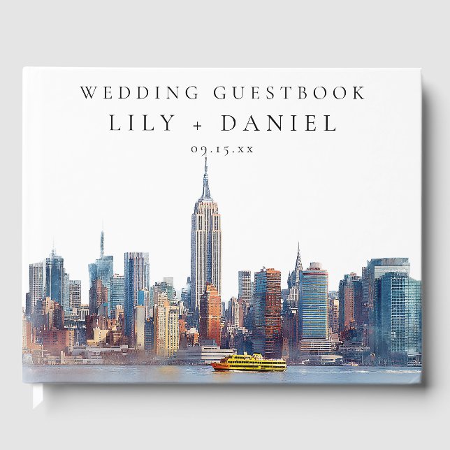 Libro De Visitas Boda acuarela del horizonte de Nueva York (Anverso)