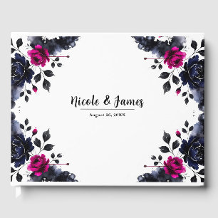 Libro De Visitas Boda acuarela floral rosa magenta y azul