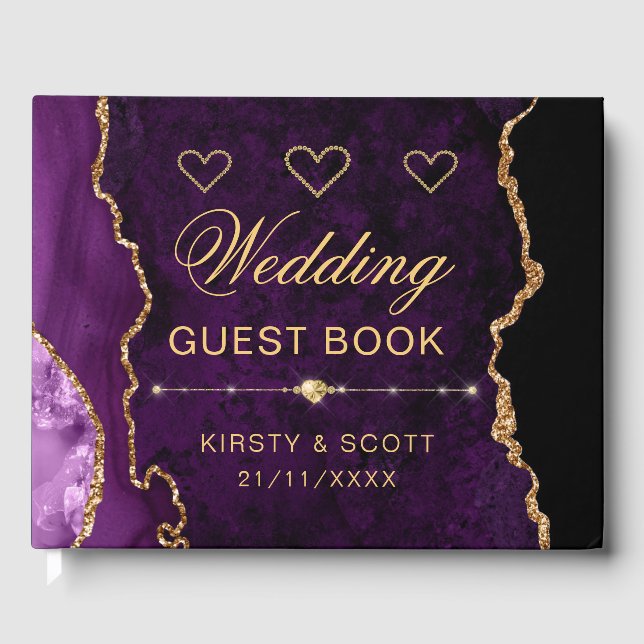 Libro De Visitas Boda Agate Purpurina de Faux Purple & Gold (Anverso)