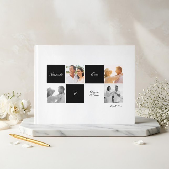 Libro De Visitas Boda Aniversario Cuadrícula Collage de fotos Negro (Wedding Anniversary Grid Photo Collage Black Guest Book)