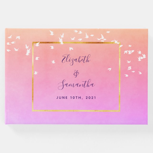Libro De Visitas Boda arcoíris suave pájaros de melocotón violeta (Anverso)
