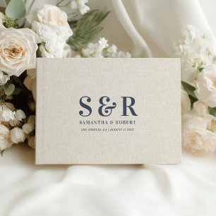 Libro De Visitas Boda azul-gris Monograma Beige Linen