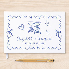 Libro De Visitas Boda Azul Ondulada Caprichosa con Marco Dibujado a