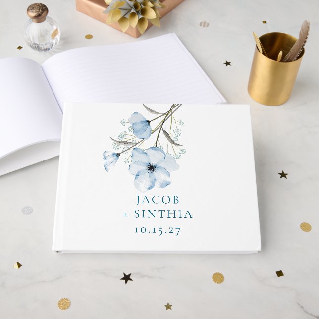Libro De Visitas Boda Azul Polvoriento Chic Elegante Moderno (Anverso Abierto)