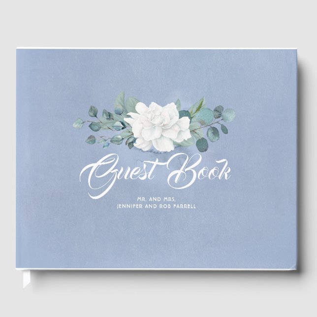 Libro De Visitas Boda azul turbio de flores blancas (Anverso)