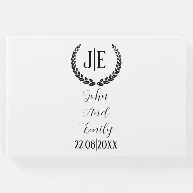 Libro De Visitas boda blanco y negro elegante en monograma minimali (Anverso)