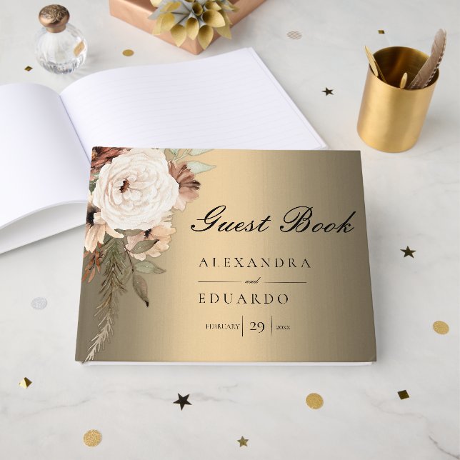 Libro De Visitas Boda Boho Elegant Gold y Wildflowers (Anverso Abierto)