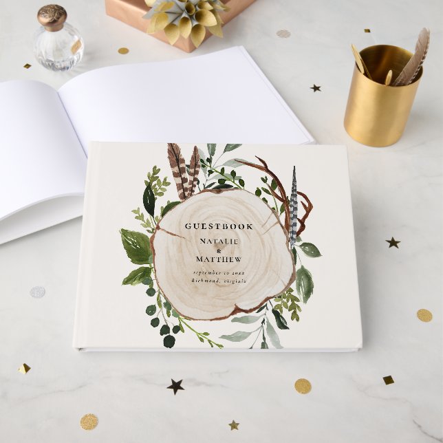 Libro De Visitas Boda Botánica de Verdor con Rebanada de Madera Rús (Anverso Abierto)