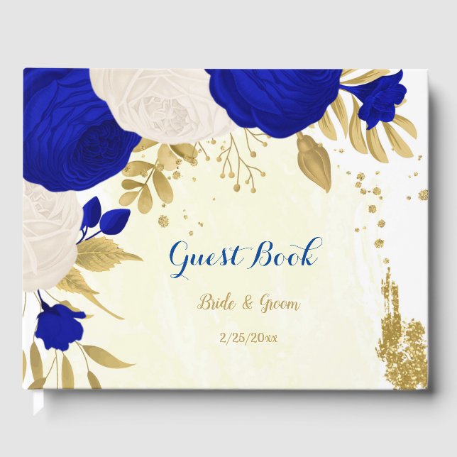 Libro De Visitas boda botánica floral azul real y blanco oro (Anverso)