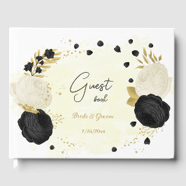 Libro De Visitas boda botánico de oro de flores negras y blancas