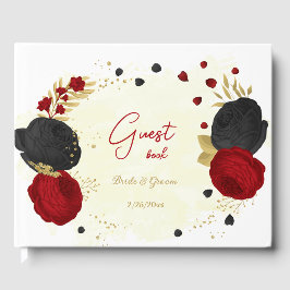 Libro De Visitas boda botánico de oro de flores rojas y negras