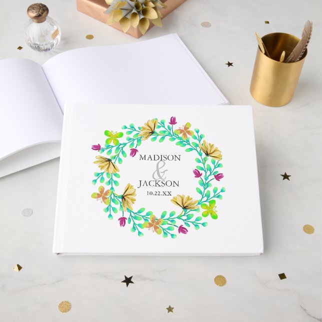 Libro De Visitas Boda Botánico de Wreath Floral Turquesa brillante (Anverso Abierto)