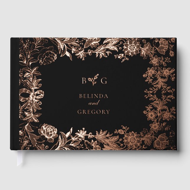 Libro De Visitas Boda botánico floral de Relieve metalizado dorado  (Anverso)
