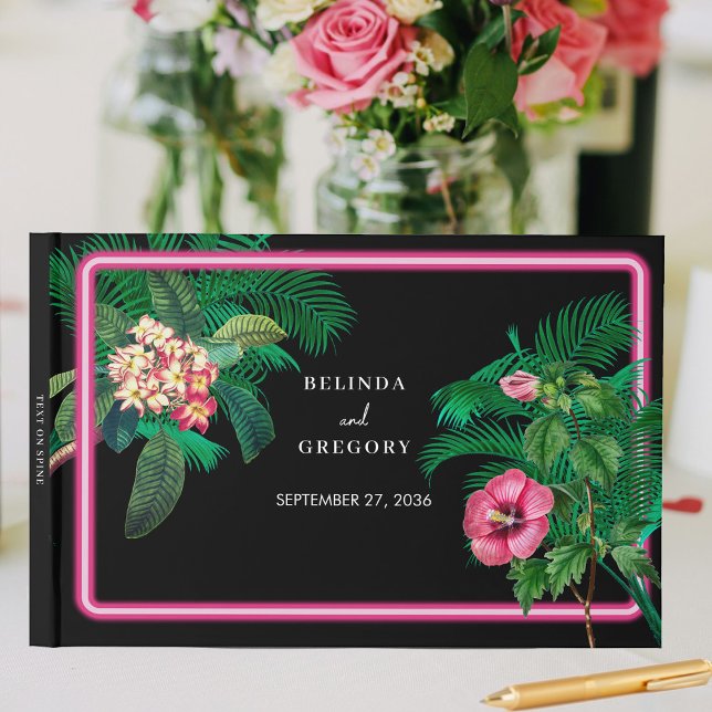 Libro De Visitas Boda Botánico Retro Tropical Neón Rosa (Neon Pink Tropical Retro Botanicals Wedding Guest Book)