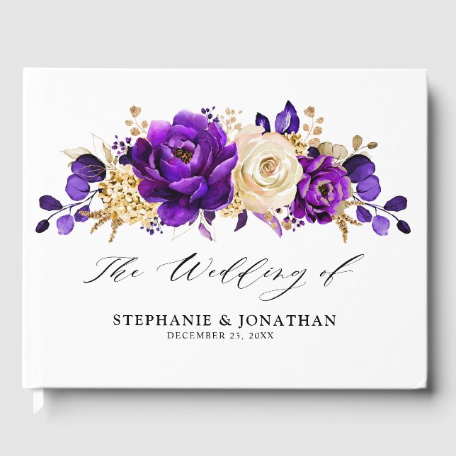 Libro De Visitas Boda Botánico Royal Purple Violet Gold Floral (Anverso)