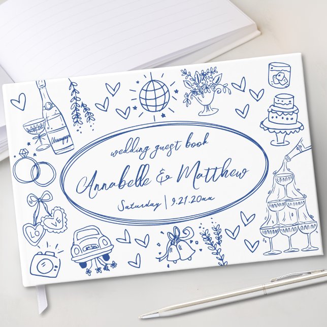 Libro De Visitas Boda Caprichosa Azul Dibujada a Mano (Hand Drawn Blue Whimsical Wedding Guest Book)