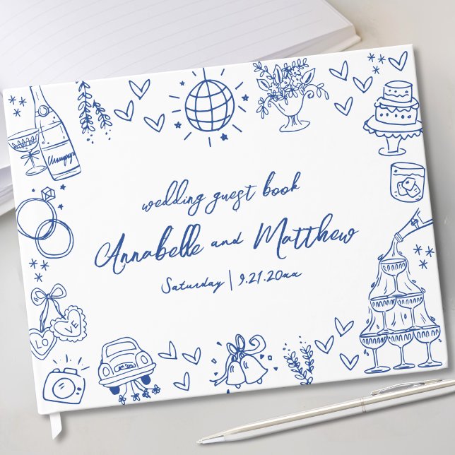 Libro De Visitas Boda Caprichosa Azul Dibujada a Mano (Hand Drawn Blue Whimsical Wedding Guest Book)