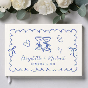 Libro De Visitas Boda caprichosa con marco ondulado crema azul mano