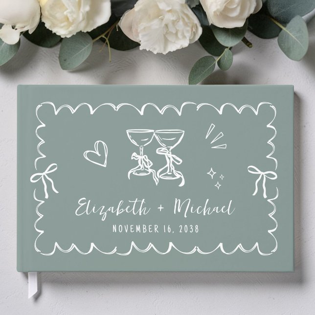 Libro De Visitas Boda caprichosa con marco ondulado dibujado a mano (Whimsical Wavy Frame Hand Drawn Sage Green Wedding Guest Book)