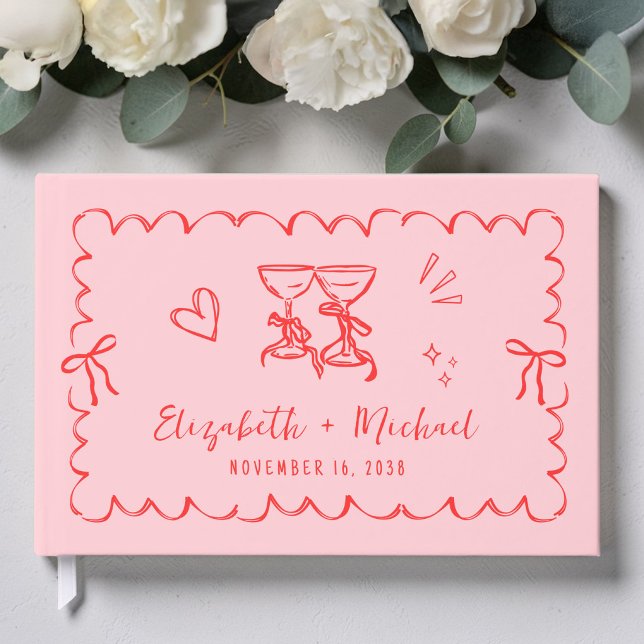 Libro De Visitas Boda caprichosa con marco ondulado rosa rojo dibuj (Whimsical Wavy Frame Hand Drawn Pink Red Wedding Guest Book)