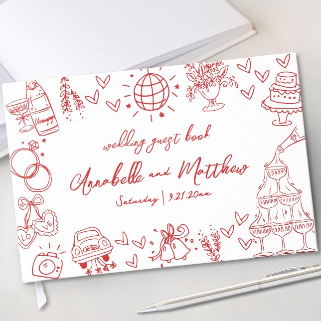 Libro De Visitas Boda Caprichosa Roja Dibujada a Mano (Hand Drawn Red Whimsical Wedding Guest Book)