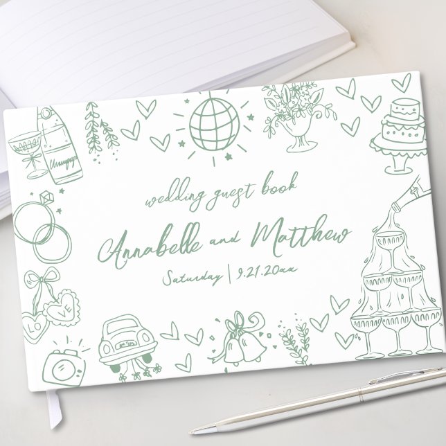 Libro De Visitas Boda caprichosa verde dibujada a mano (Hand Drawn Green Whimsical Wedding Guest Book )