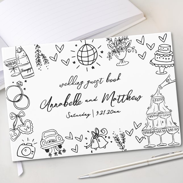 Libro De Visitas Boda Caprichosa y Caprichosa Dibujada a Mano (Hand Drawn Quirky Whimsical Wedding Guest Book)