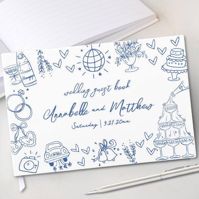 Libro De Visitas Boda caprichoso azul de mano (Hand Drawn Blue Whimsical Wedding Guest Book)
