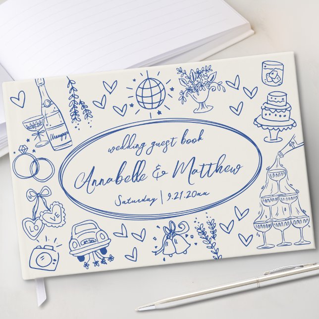 Libro De Visitas Boda caprichoso azul ventilado de mano (Hand Drawn Vintage Blue Whimsical Wedding Guest Book)