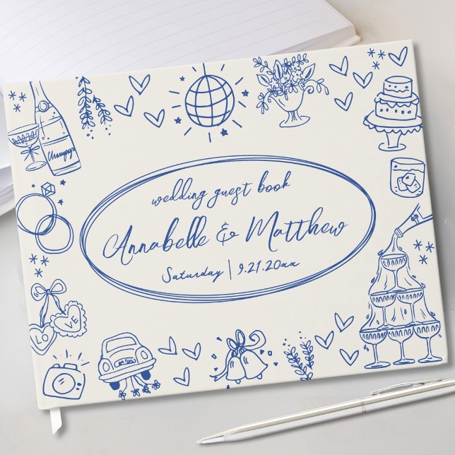 Libro De Visitas Boda caprichoso azul ventilado de mano (Hand Drawn Vintage Blue Whimsical Wedding Guest Book)