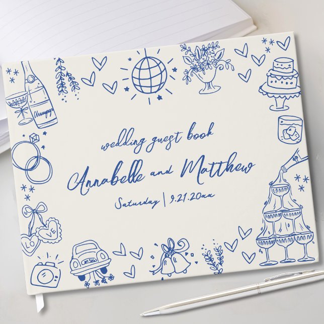 Libro De Visitas Boda caprichoso azul ventilado de mano (Hand Drawn Vintage Blue Whimsical Wedding Guest Book)