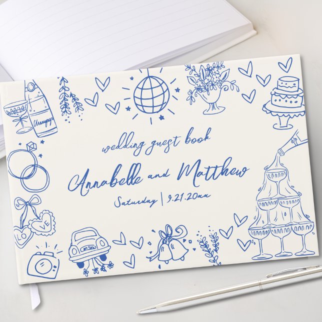 Libro De Visitas Boda caprichoso azul ventilado de mano (Hand Drawn Vintage Blue Whimsical Wedding Guest Book)