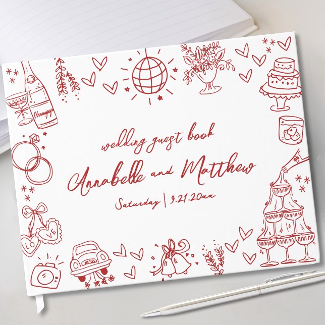 Libro De Visitas Boda caprichoso rojo (Hand Drawn Red Whimsical Wedding Guest Book)