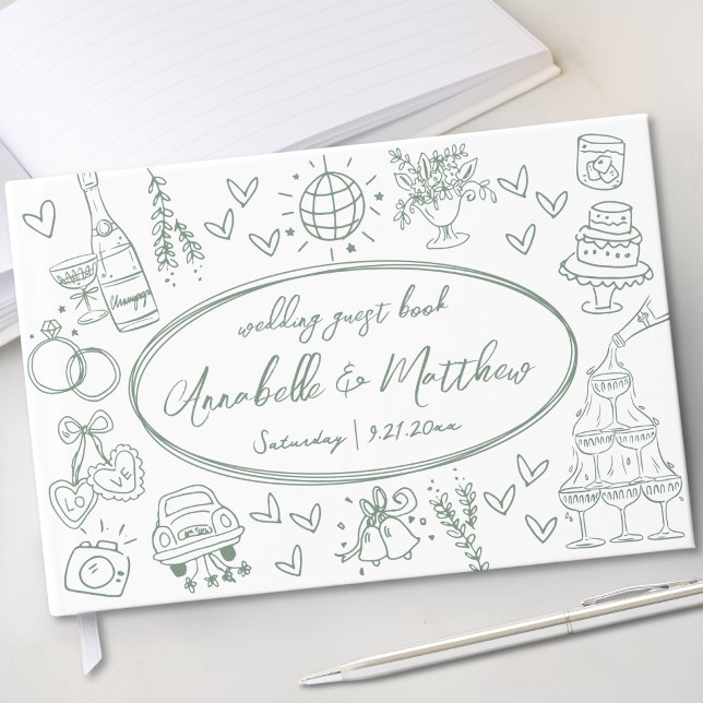 Libro De Visitas Boda caprichoso verde de mano (Hand Drawn Green Whimsical Wedding Guest Book)