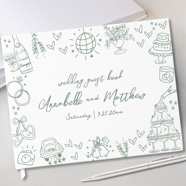 Libro De Visitas Boda caprichoso verde de mano (Hand Drawn Green Whimsical Wedding Guest Book)