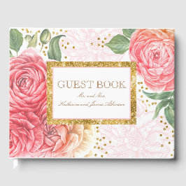 Libro De Visitas Boda Chic con Confeti Dorado y Flores Rosas