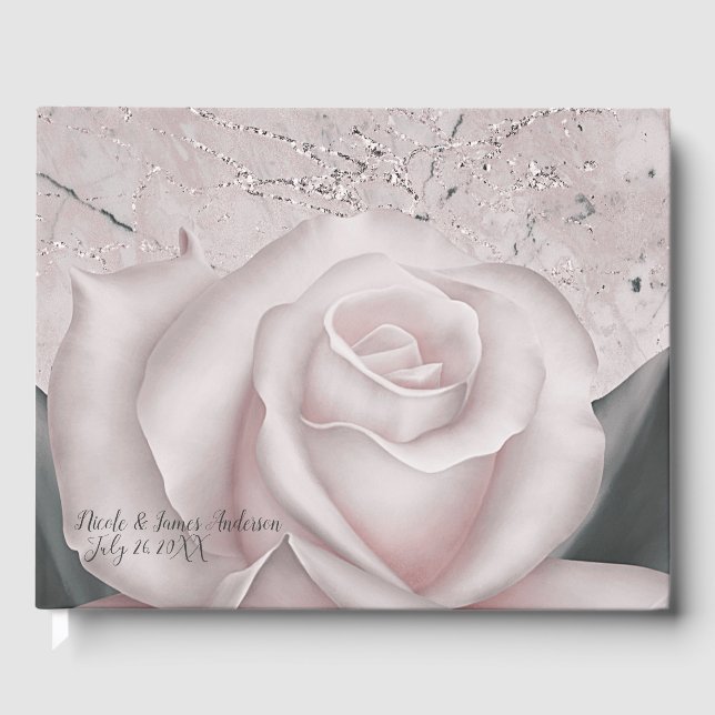 Libro De Visitas Boda Chic de Mármol Moderno Rosa Blanca Sonrojada (Anverso)