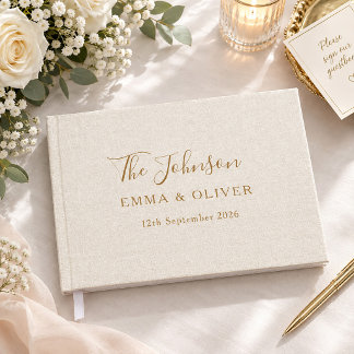 Libro De Visitas Boda Chic Minimalista Escritura Crema de Lino Beig