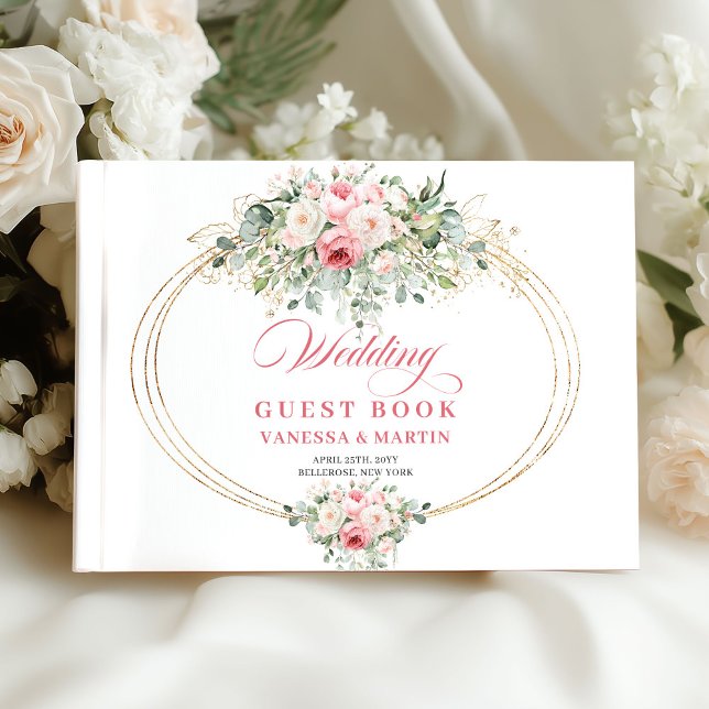 Libro De Visitas Boda chic moderna con flores rosadas y eucalipto d (Modern blush floral gold eucalyptus chic wedding guest book

)