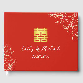 Libro De Visitas Boda china elegante moderna floral guión rojo