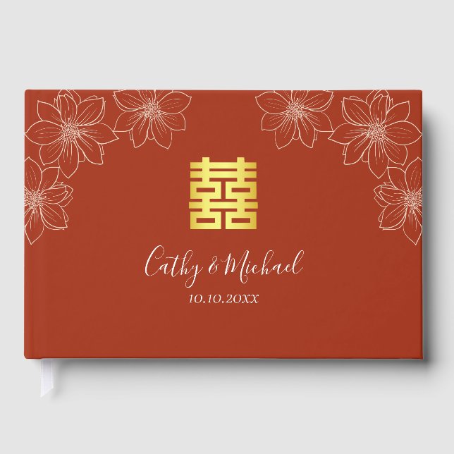 Libro De Visitas Boda china floral moderna roja boho (Anverso)