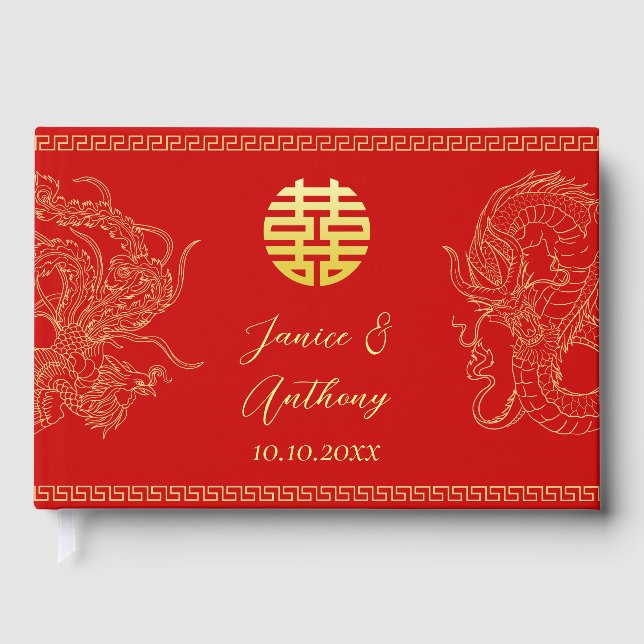 Libro De Visitas Boda china tradicional dragón fénix rojo (Anverso)