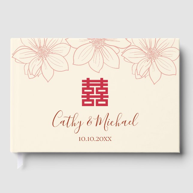 Libro De Visitas Boda chino con flores de color rojo y beige boho (Anverso)