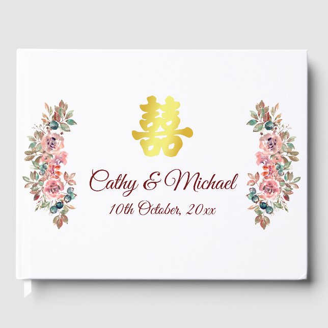 Libro De Visitas Boda chino de oro doble flor de felicidad (Anverso)