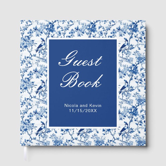 Libro De Visitas Boda Chinoiserie Pájaros y Flores Azules (Anverso)