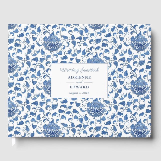 Libro De Visitas Boda clásica azul Chinoiserie Chic (Anverso)