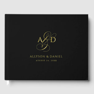 Libro De Visitas Boda Clásico de Monograma de Guión Elegante Negro