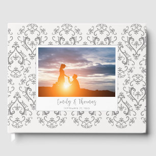 Libro De Visitas Boda Clásico Elegante Patrón Damasco Gris